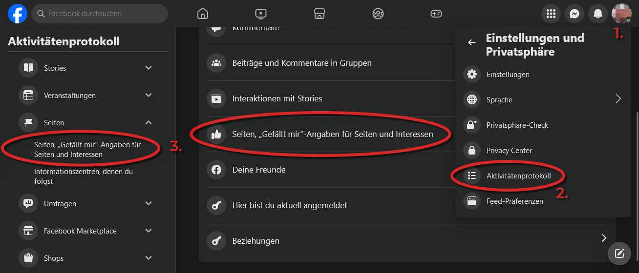 Facebook Aktivitätenprotokoll - Seiten mit Gefällt mir anzeigen
